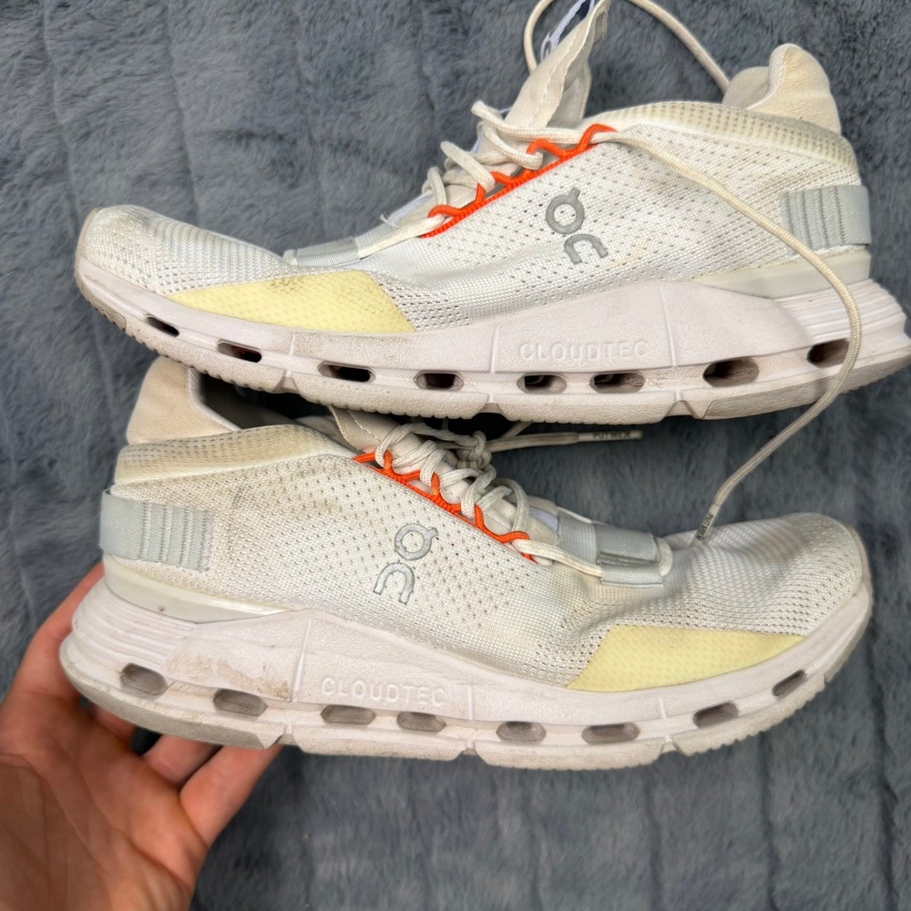 On Running Cloudnova White Orange Silver Womens 7.5 Sneakers 26.98982